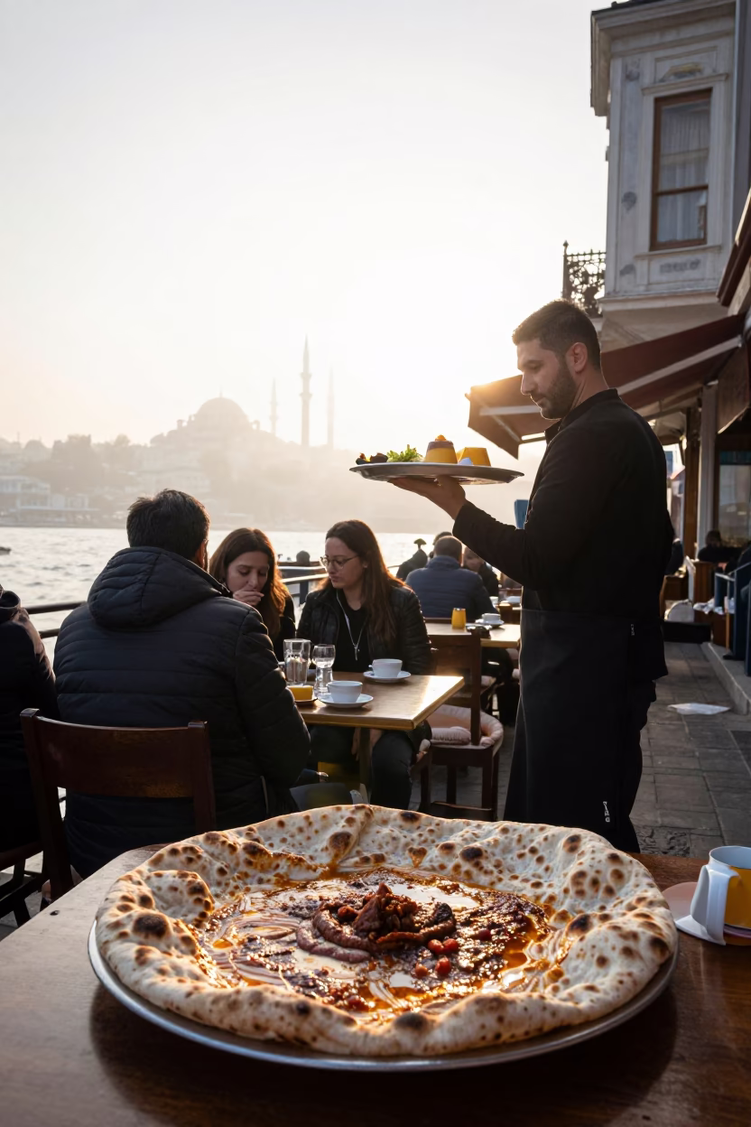 Early Morning Istanbul Street Scene with Local Breakfast and Traditional Tea in in Istanbul, Turkey
