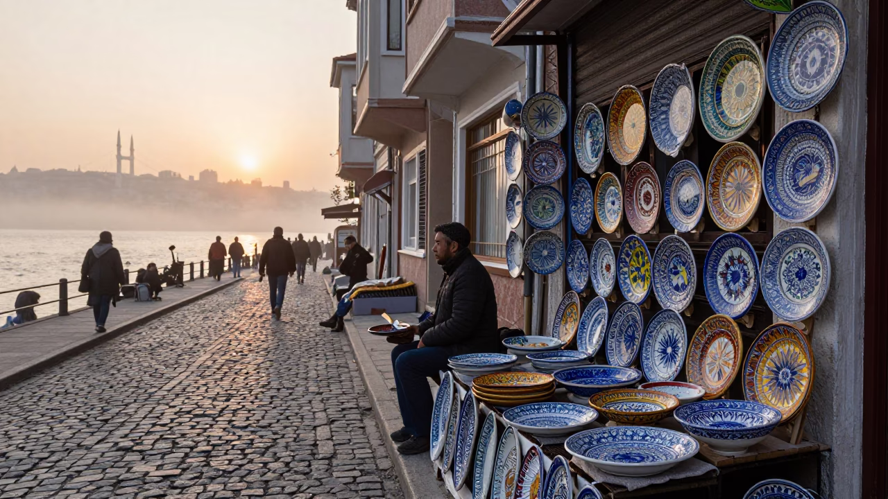 Early Morning Istanbul Street Scene with Majolica Plates and Linen Fringe Detail at Dawn in in Istanbul, Turkey