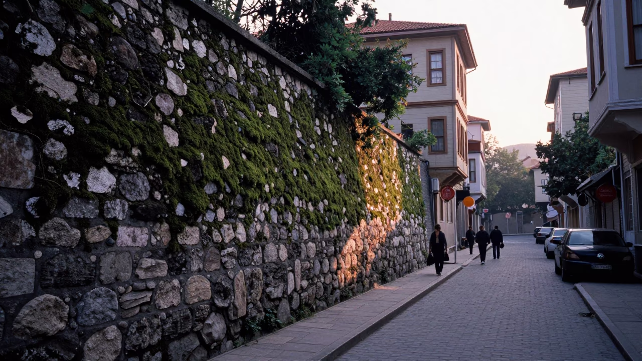 Early Morning Istanbul Street Scene with Mossy Stone Wall and Coffee Mugs in in Istanbul, Turkey