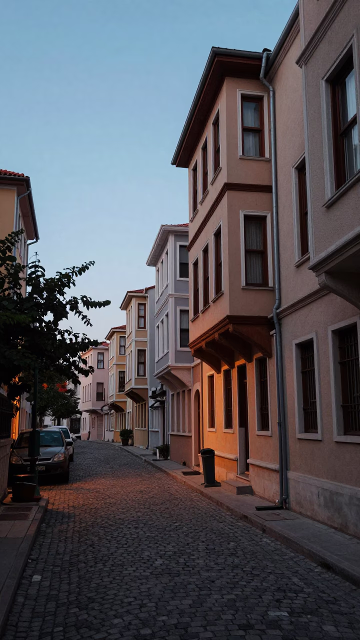 Early Morning Istanbul Street Scene with Quilt and Step Stool Before Dawn in in Istanbul, Turkey