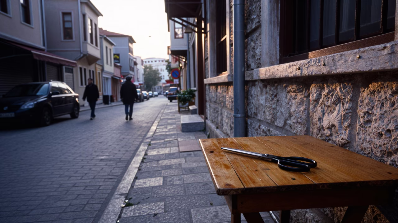 Early Morning Istanbul Street Scene with Sewing Scissors on Local Market Table in in Istanbul, Turkey