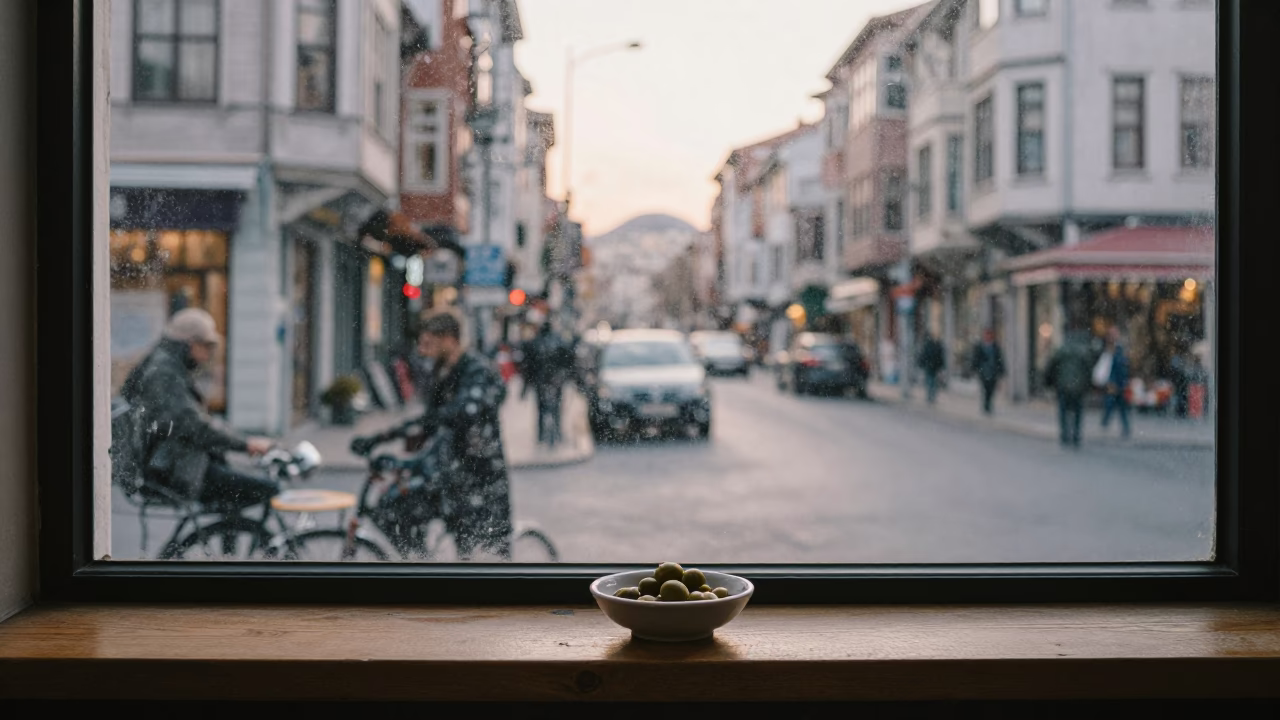 Early Morning Istanbul Street Scene with Smudged Window Glass and Local Breakfast in in Istanbul, Turkey