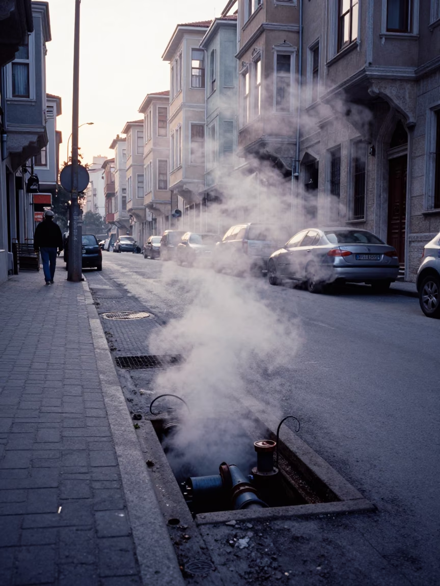 Early Morning Istanbul Street Scene with Steaming District Heating Pipes and Local Life in in Istanbul, Turkey