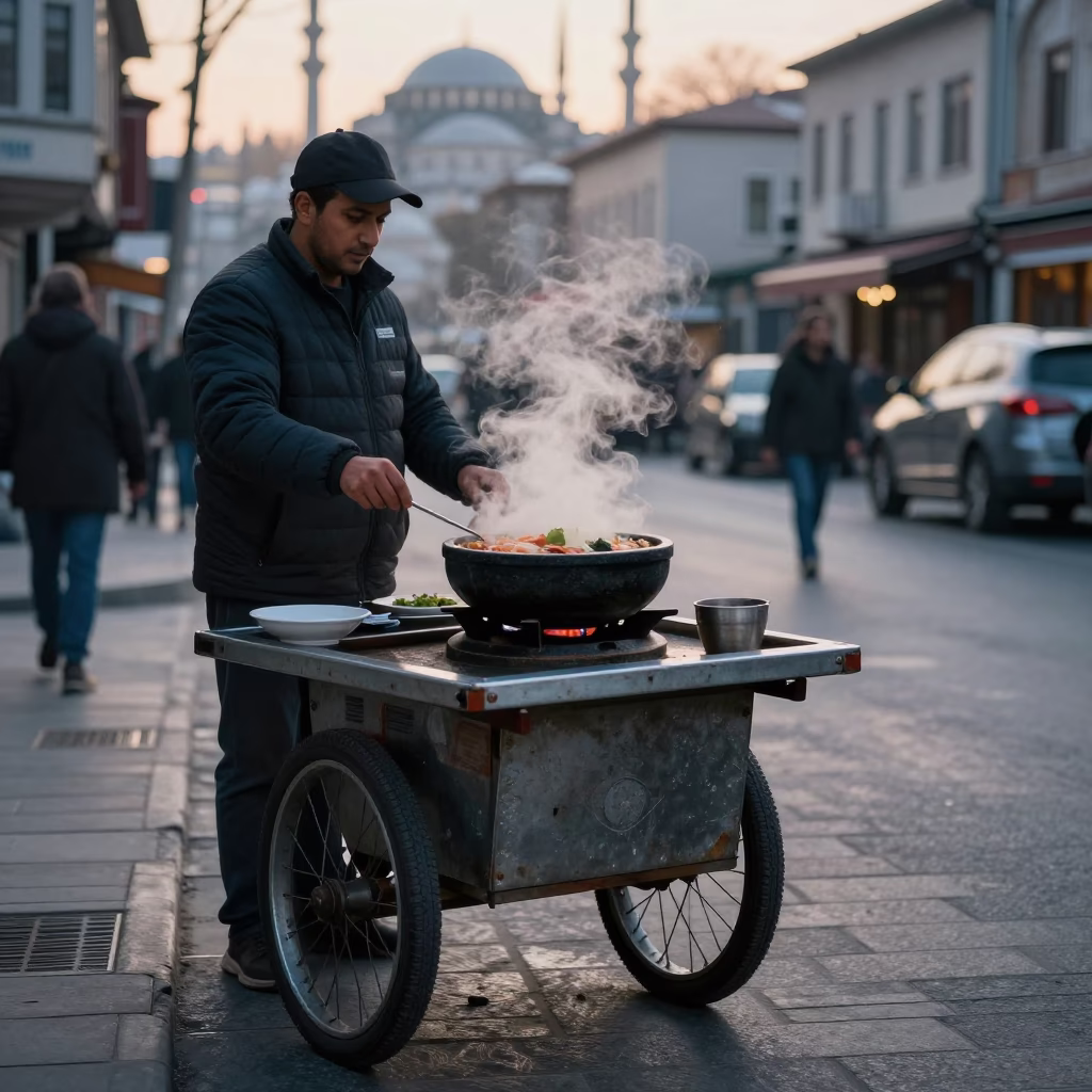 Early Morning Istanbul Street Scene with Stone Bowl and Fruit in in Istanbul, Turkey