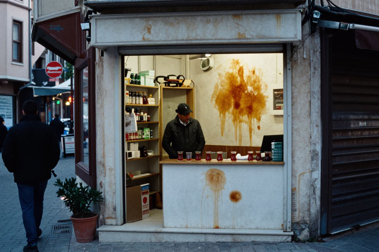 Early Morning Istanbul Street Scene with Tea Stains and Local Morning Rituals in in Istanbul, Turkey