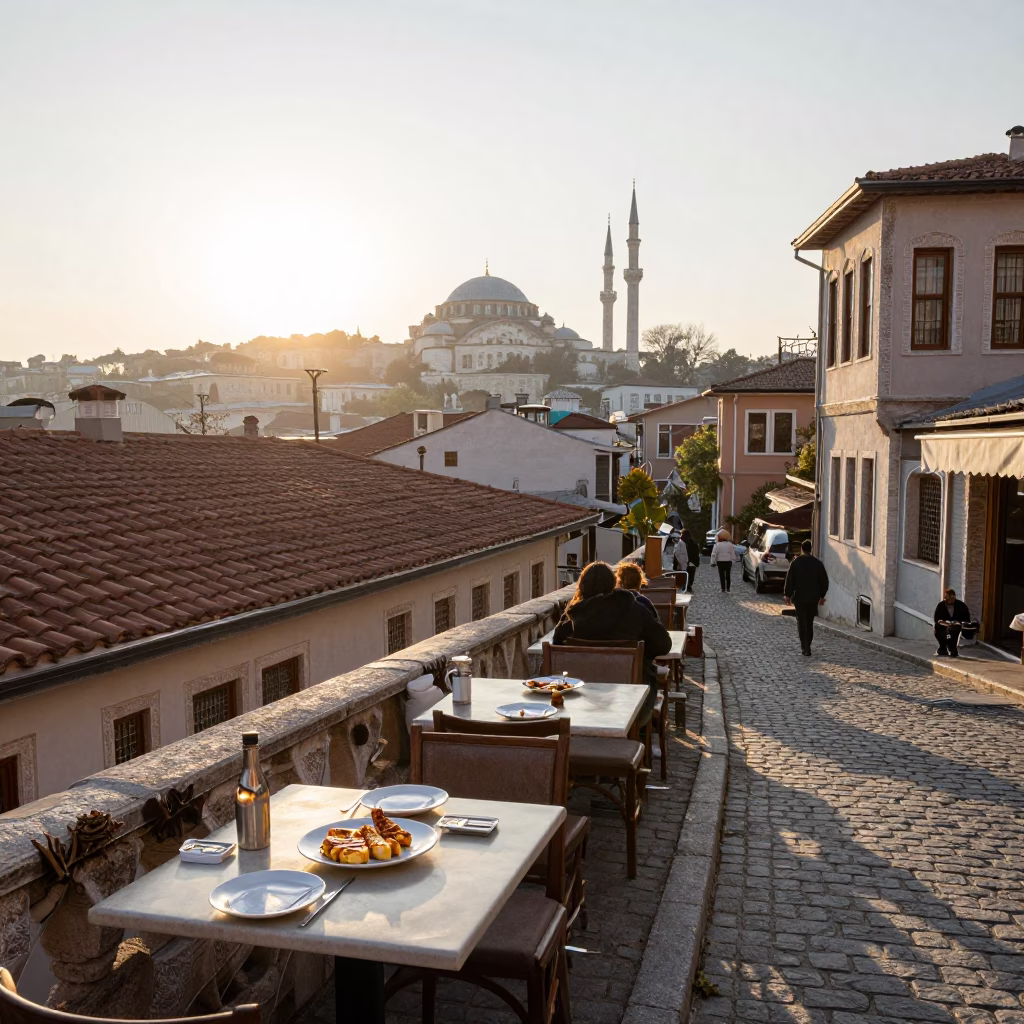 Early Morning Istanbul Street Scene with Traditional Breakfast and Sweets Near Historic District in in Istanbul, Turkey