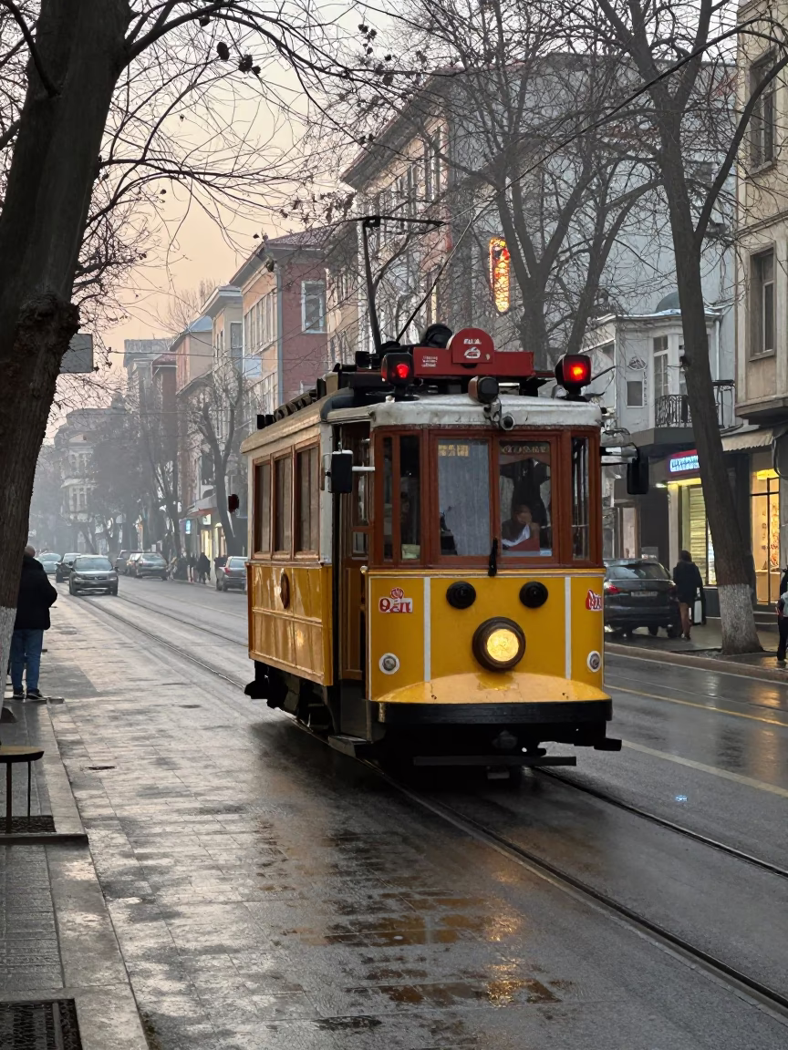 Early Morning Istanbul Street Scene with Vintage Tram and Urban Greenery in in Istanbul, Turkey