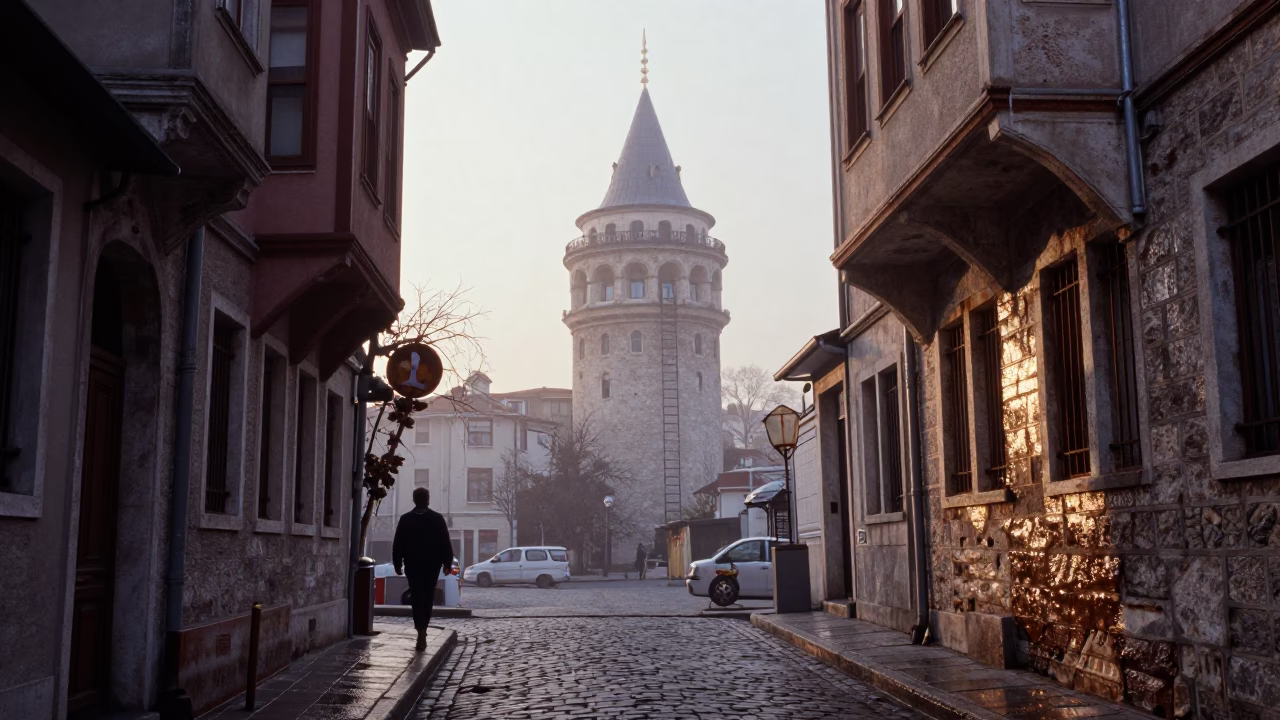 Early Morning Istanbul Street Scene with Water Tower Ladder in Mist in in Istanbul, Turkey
