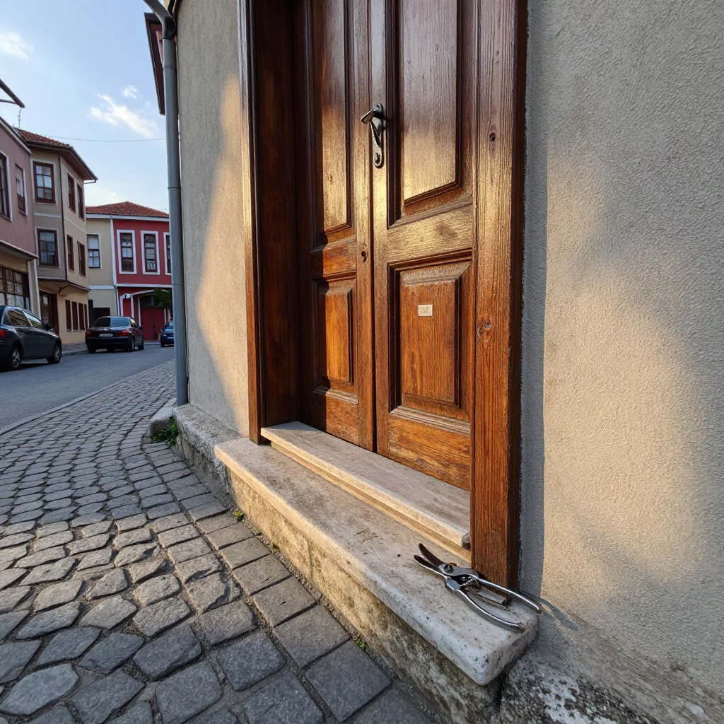 Early Morning Istanbul Street Scene with Wooden Doorframe and Pruning Shears in in Istanbul, Turkey