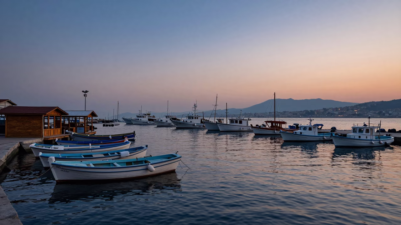 Early Morning Izmir Harbor Fishing Boats and Wooden Stalls Before Dawn in in Izmir, Turkey