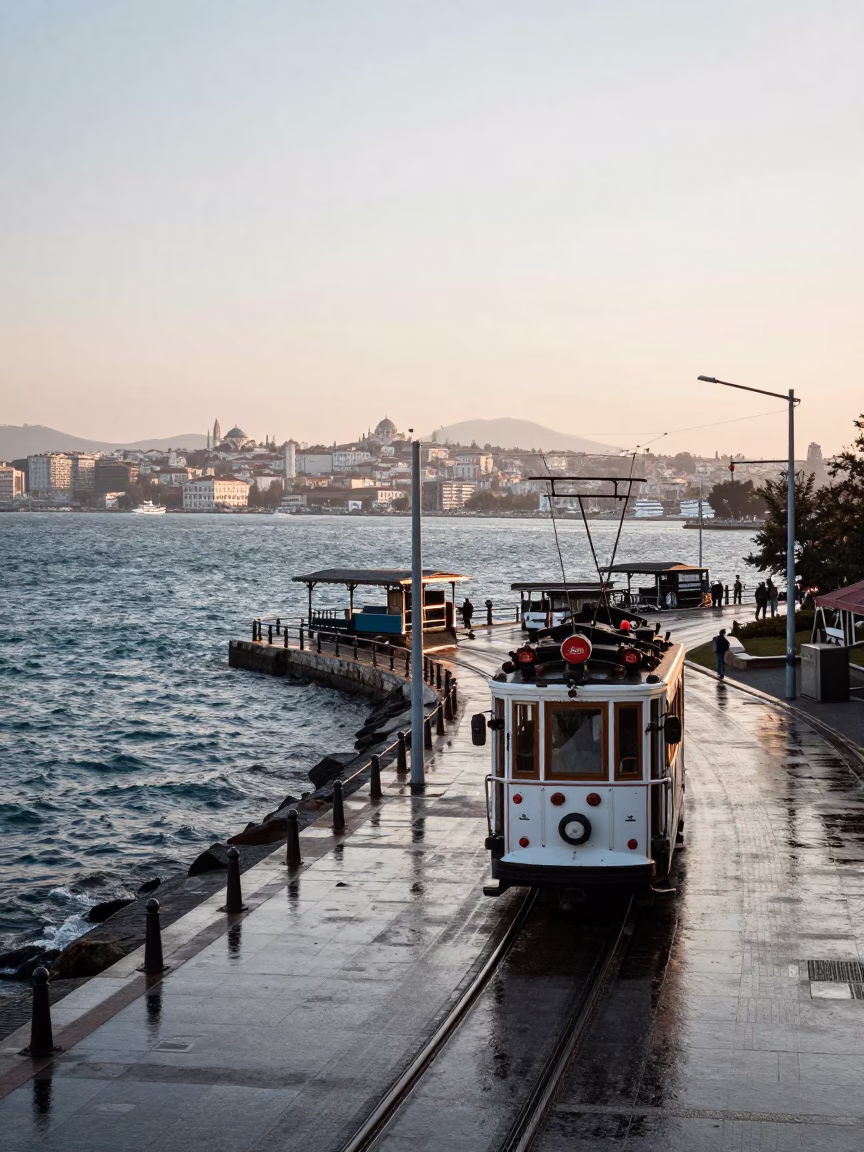 Early Morning Izmir Harbor View with Heritage Tram and Sea Horizon in in Izmir, Turkey