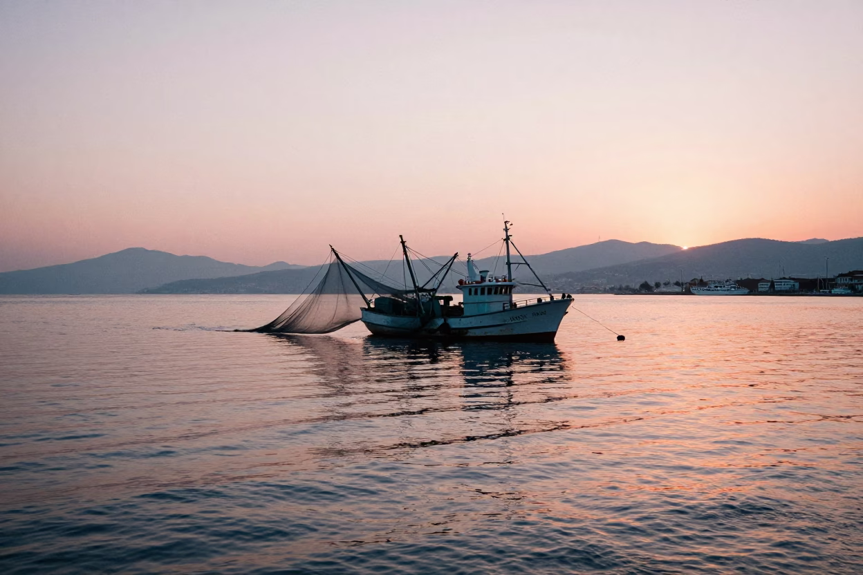 Early Morning Izmir Harbor View with Shrimp Trawler Nets Deployed at Sunrise in in Izmir, Turkey