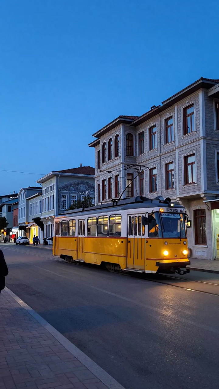 Early Morning Izmir Street Scene Before Dawn with Tram and Urban Architecture in in Izmir, Turkey