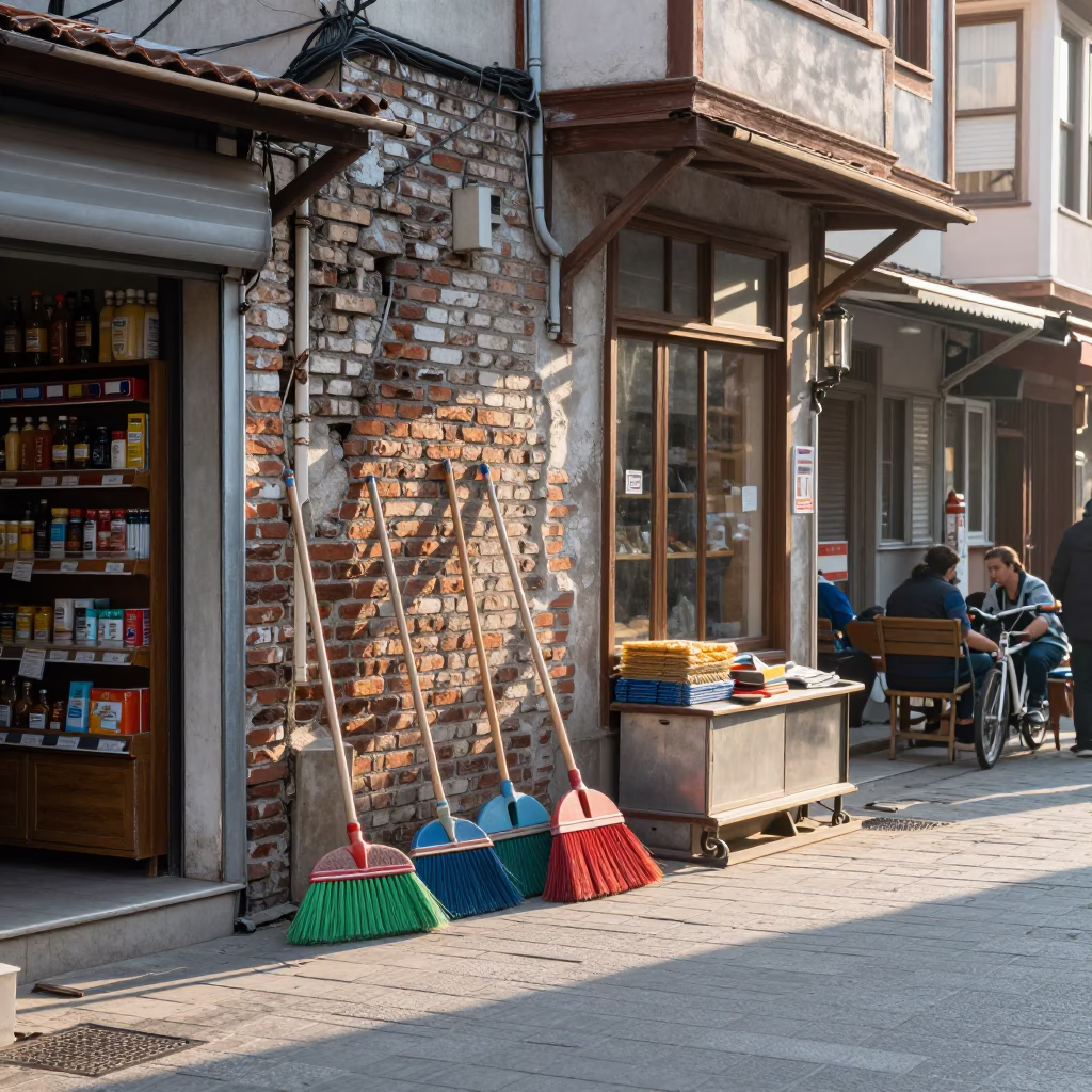 Early Morning Izmir Street Scene with Brooms and Local Market Activity in in Izmir, Turkey