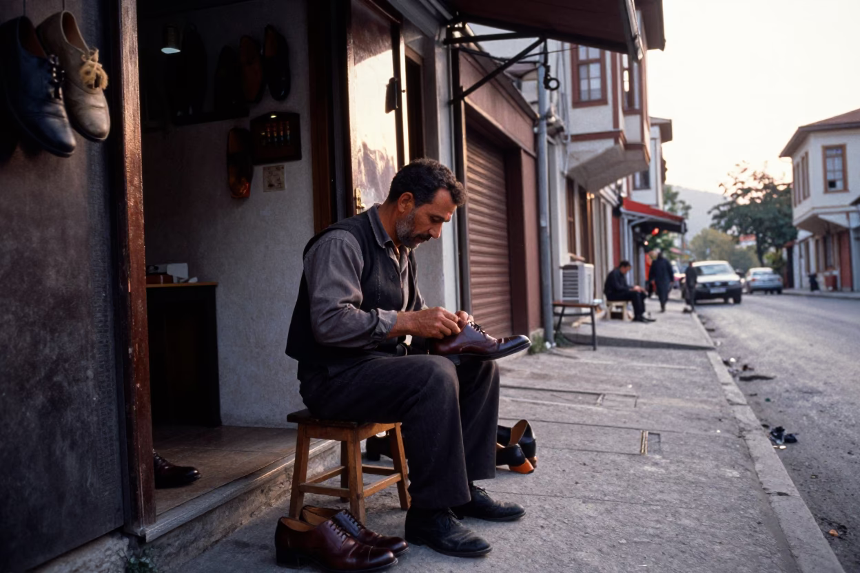 Early Morning Izmir Street Scene with Cobbler Repairing Shoes Near Coastal Harbor in in Izmir, Turkey