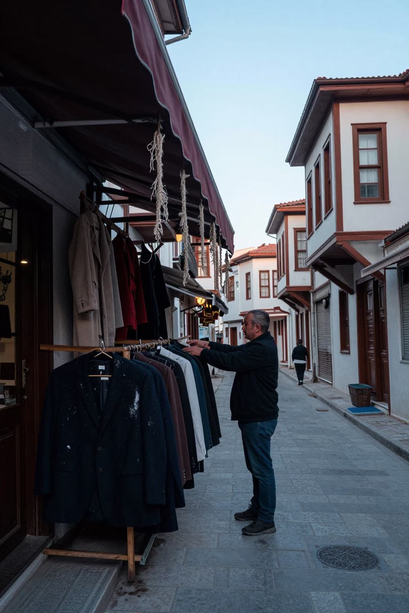 Early Morning Izmir Street Scene with Hanging Coats and Rope in in Izmir, Turkey