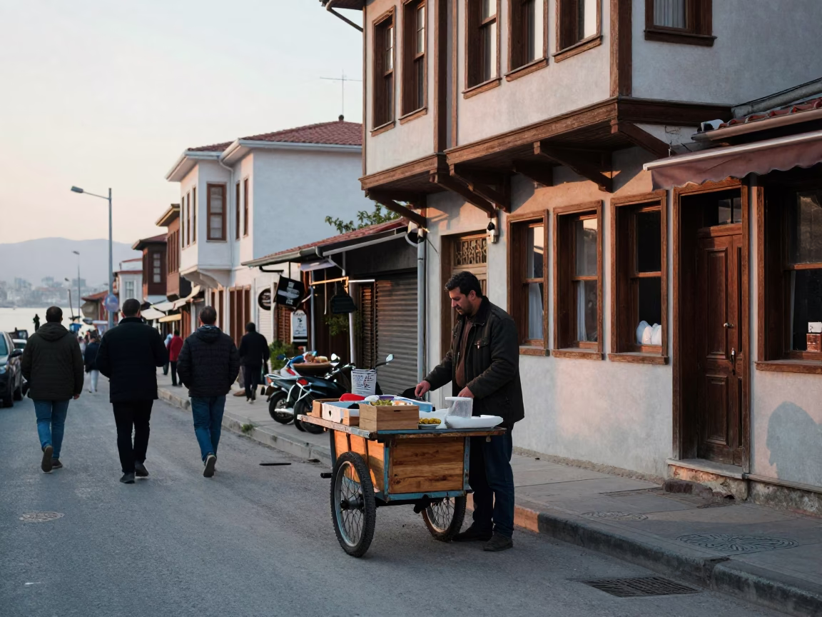 Early Morning Izmir Street Scene with Local Vendor and Vintage Biscuit Tin in in Izmir, Turkey