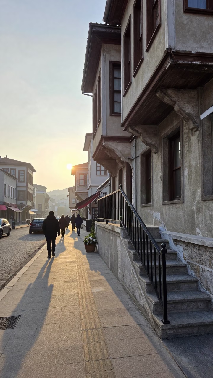 Early Morning Izmir Street Scene with Stair Rail and Folding Chair Near Kordon in in Izmir, Turkey