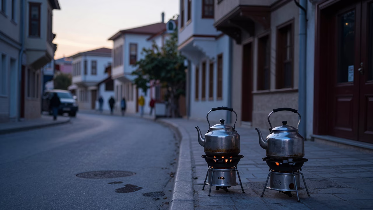 Early Morning Izmir Street Scene with Tea Stains and Kettles Before Sunrise in in Izmir, Turkey