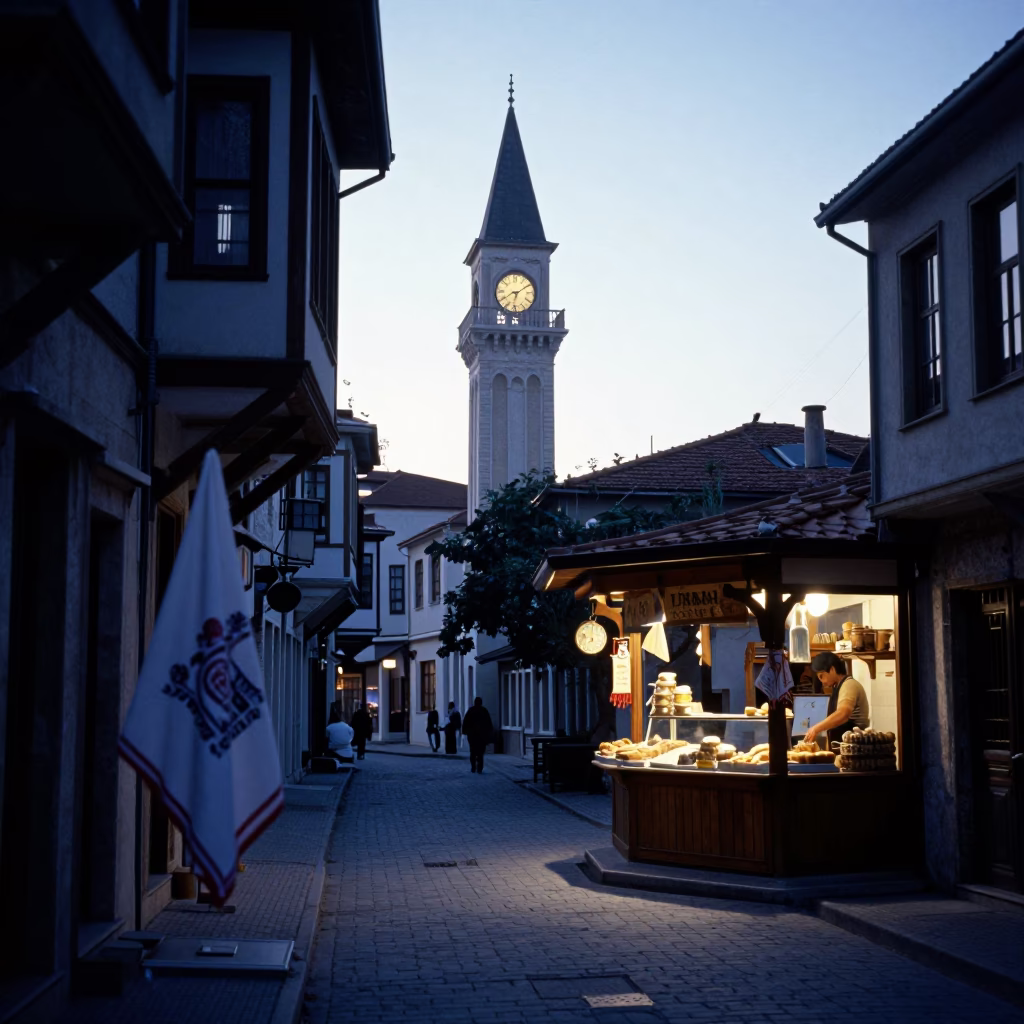Early Morning Izmir Street Scene with Tea Towel and Cup at Dawn in in Izmir, Turkey