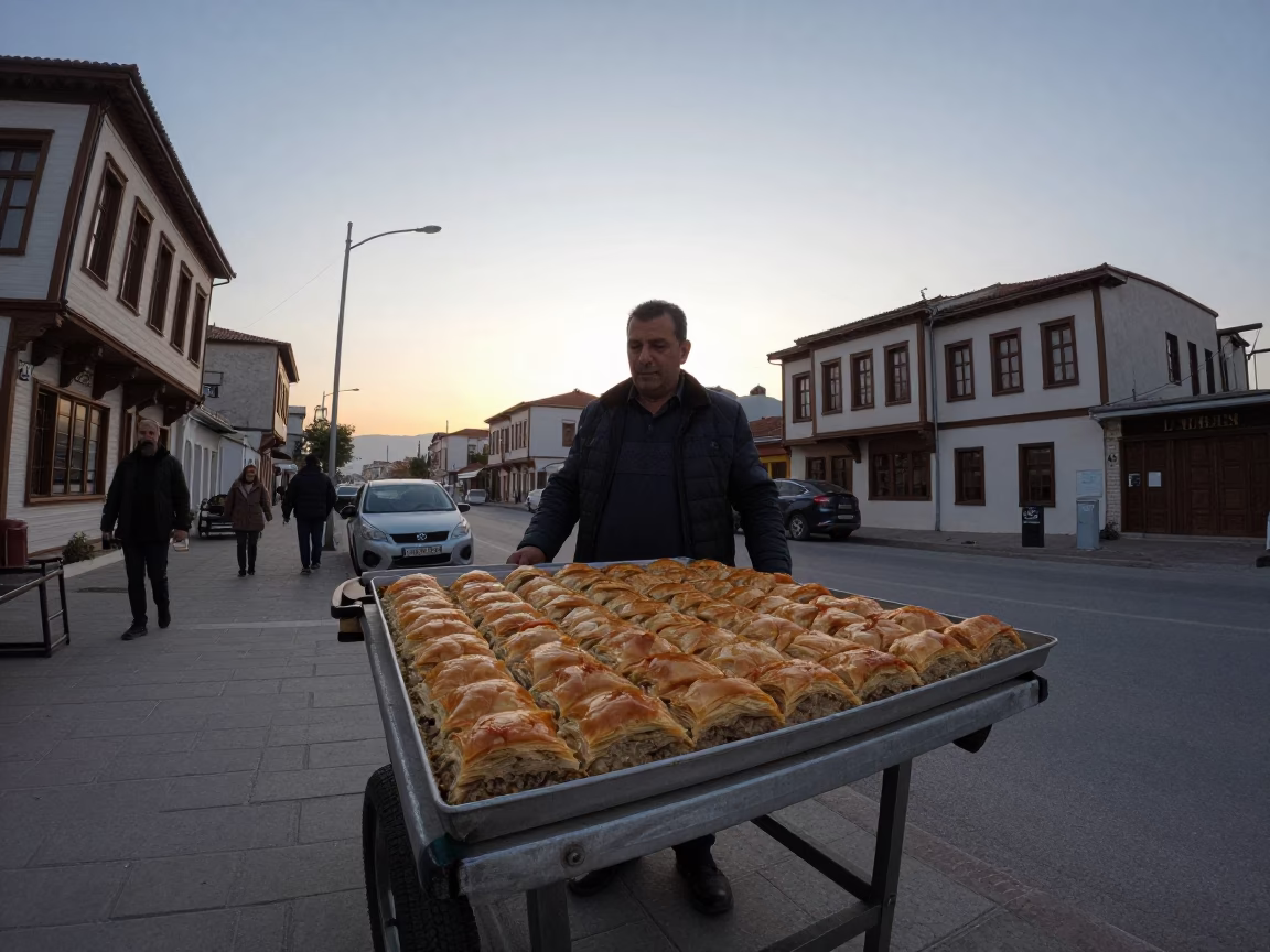 Early Morning Izmir Street Scene with Turkish Baklava and Urban Dawn Light in in Izmir, Turkey