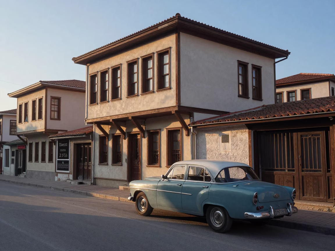 Early Morning Izmir Street Scene with Vintage Car and Local Vendor in in Izmir, Turkey