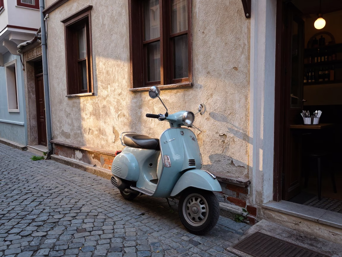 Early Morning Izmir Street Scene with Vintage Vespa and Cobblestone Lane in in Izmir, Turkey