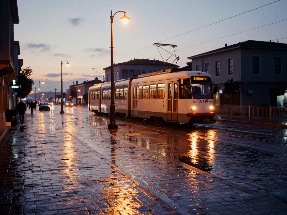Early Morning Izmir Tram Reflection in Wet Cobblestone Rain Puddle in in Izmir, Turkey