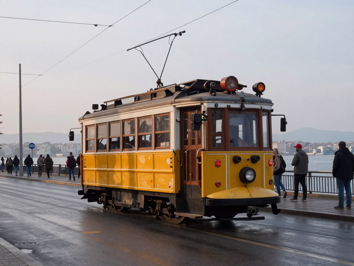 Early Morning Izmir Turkey Heritage Tram Coastal Promenade Street Scene in in Izmir, Turkey