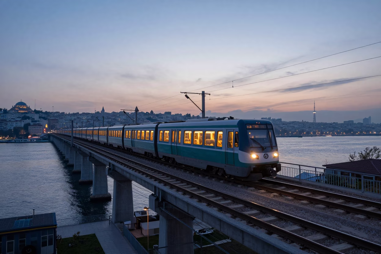 Early Morning Izmir Turkey Monorail Crossing Over River at Blue Hour Dawn in in Izmir, Turkey