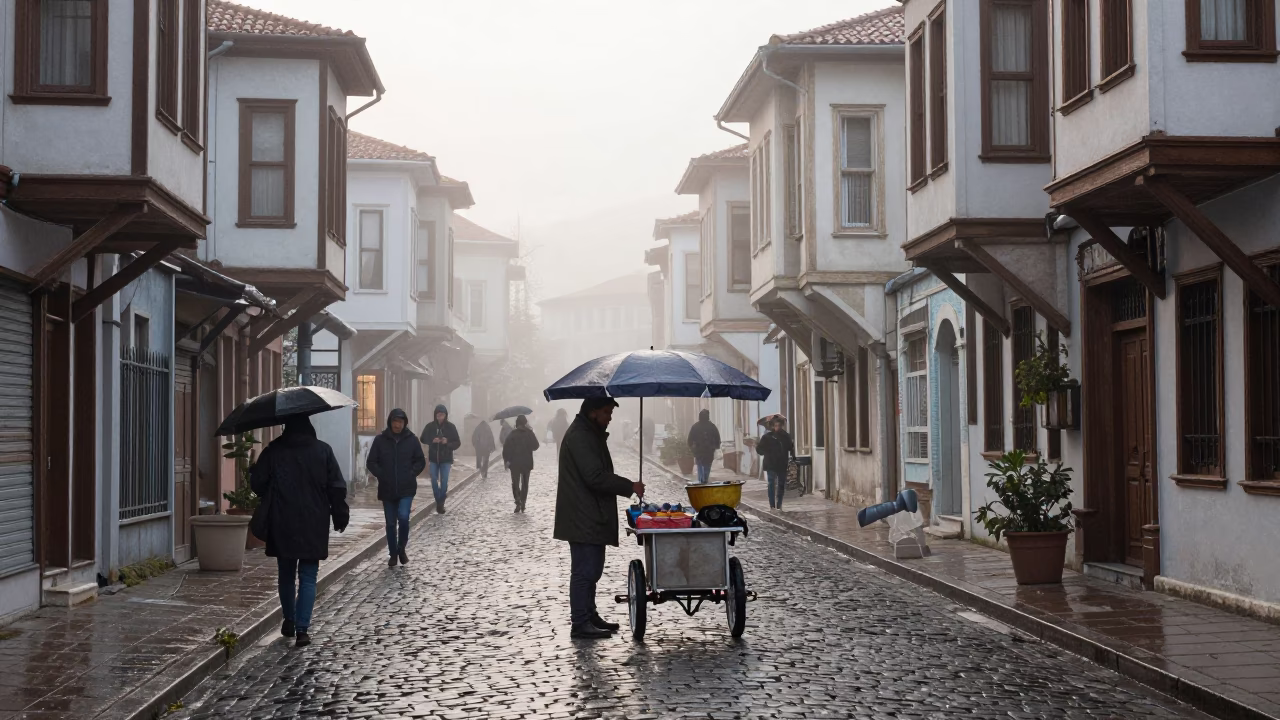 Early Morning Izmir Turkey Street Scene with Raincoats and Local Market Activity in in Izmir, Turkey