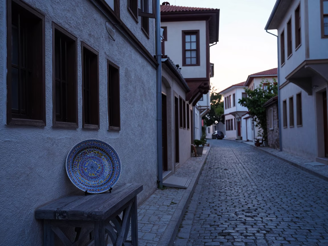 Early Morning Izmir Turkey Street Scene With Vintage Majolica Plate and Wrench in in Izmir, Turkey