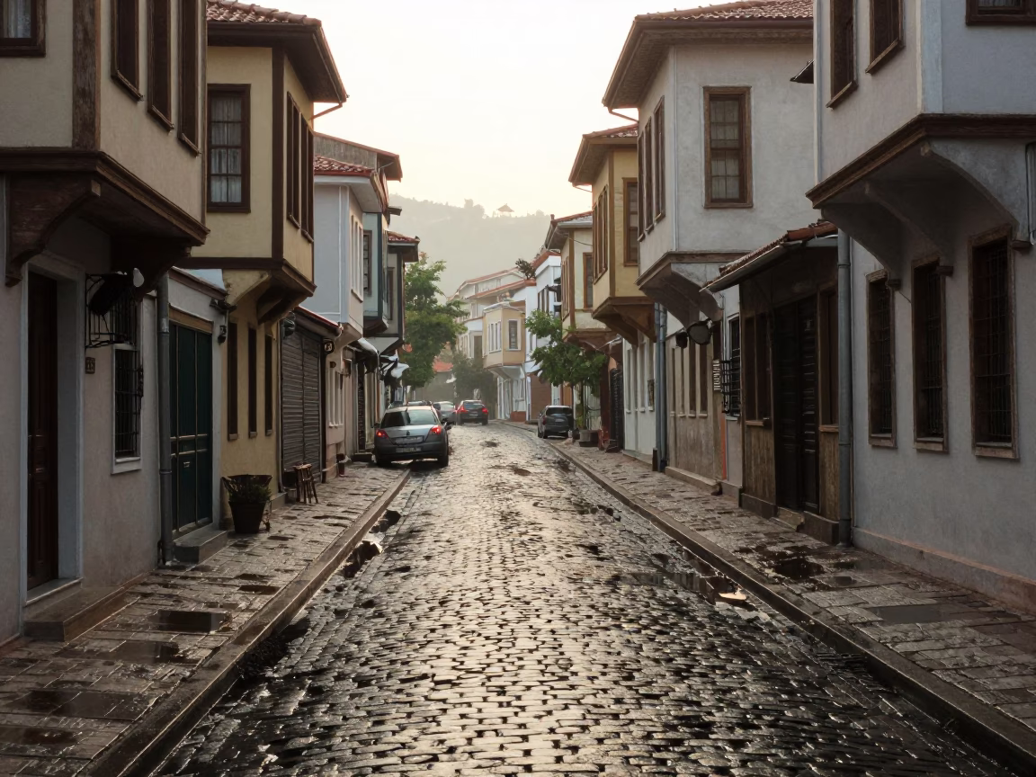 Early Morning Izmir Turkey Street Scene with Wet Pavement and Urban Reflections in in Izmir, Turkey