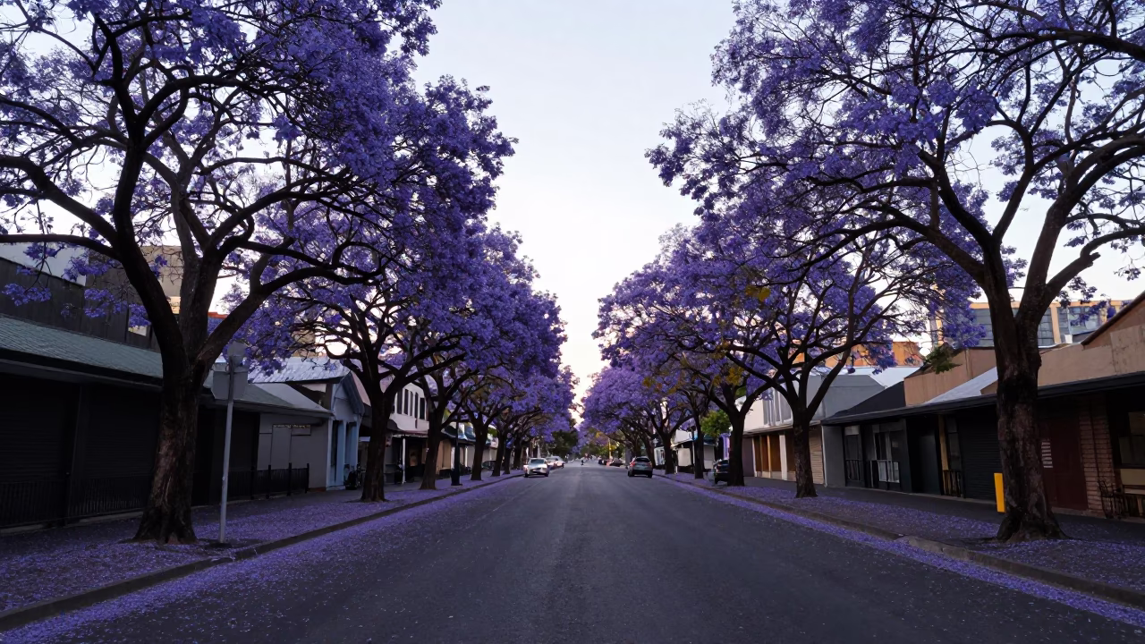 Early Morning Jacaranda Boulevard in Melbourne Victoria Australia in in Melbourne, Victoria, Australia
