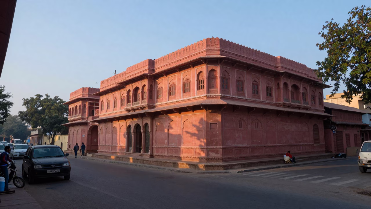 Early Morning Jaipur Street Scene Before Sunrise with Local Vendor and Bicycle in in Jaipur, India