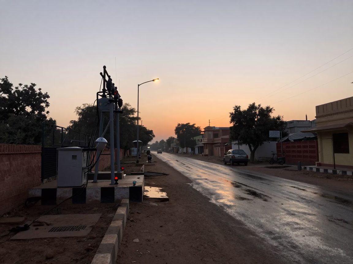 Early Morning Jaipur Street Scene Before Sunrise with Substation Road and Puddle in in Jaipur, India