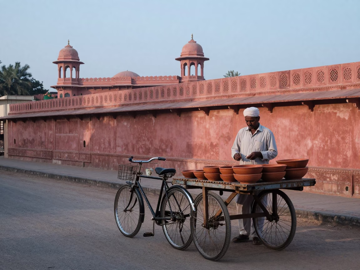 Early Morning Jaipur Street Scene with Bicycle and Terracotta Bowls in in Jaipur, India