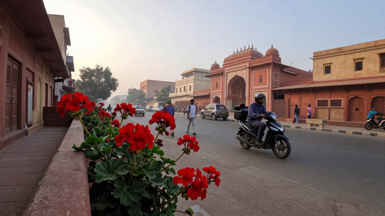 Early Morning Jaipur Street Scene with Geraniums and Traditional Architecture in in Jaipur, India