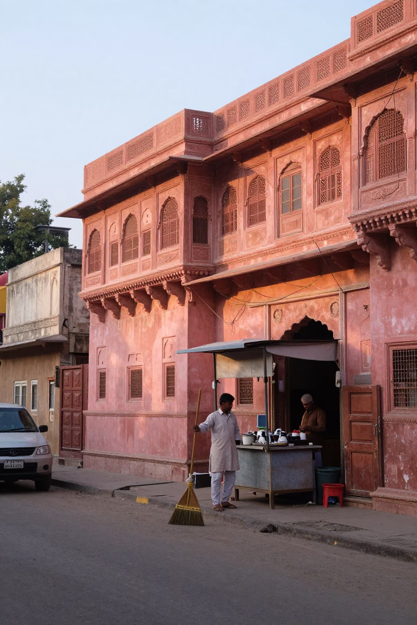 Early Morning Jaipur Street Scene with Hand Broom and Local Life in in Jaipur, India