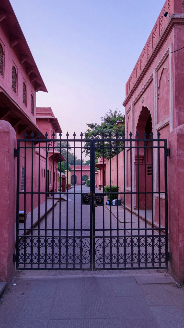Early Morning Jaipur Street Scene with Iron Gate and Morning Light in in Jaipur, India