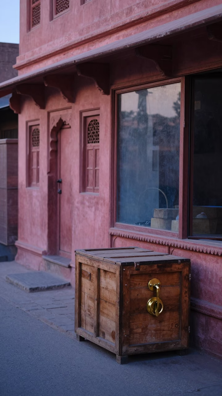 Early Morning Jaipur Street Scene with Latch and Glass Carafe in in Jaipur, India