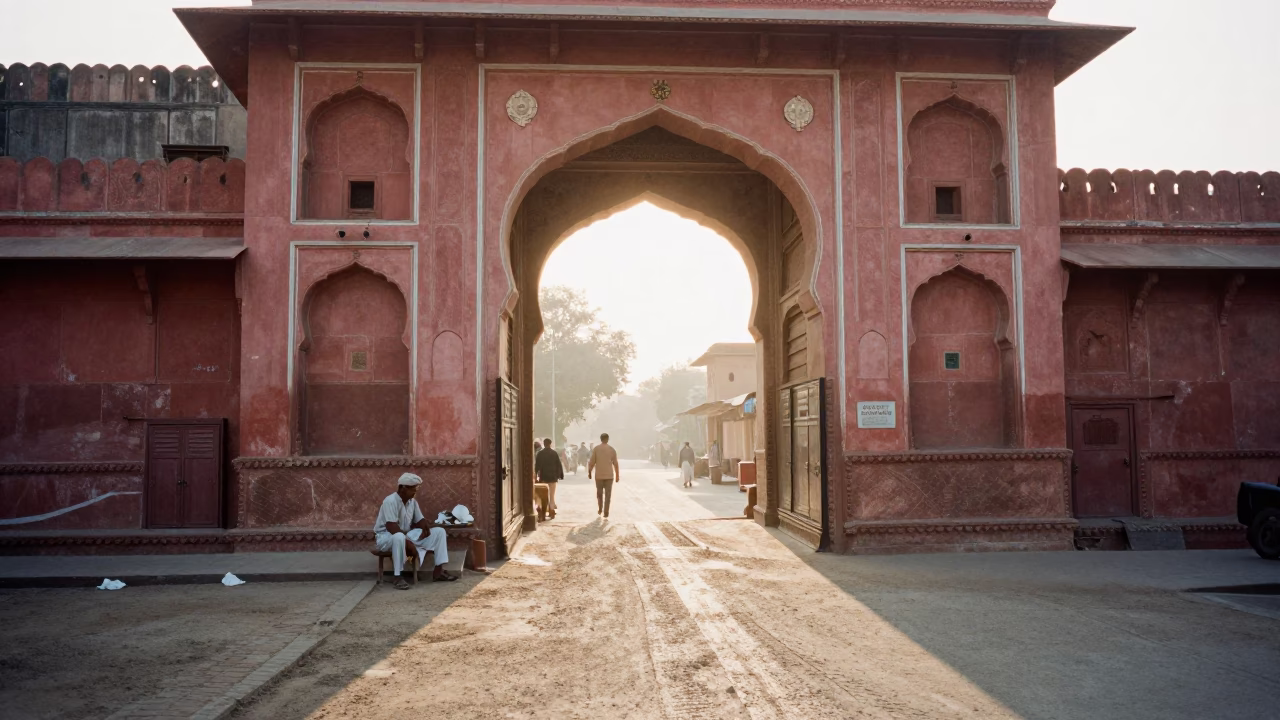 Early Morning Jaipur Street Scene with Local Artisan and Vintage Bicycle in in Jaipur, India