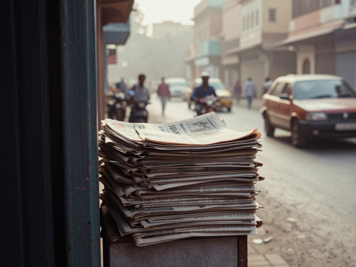 Early Morning Jaipur Street Scene with Newspaper Stack and Twine Latch Detail in in Jaipur, India