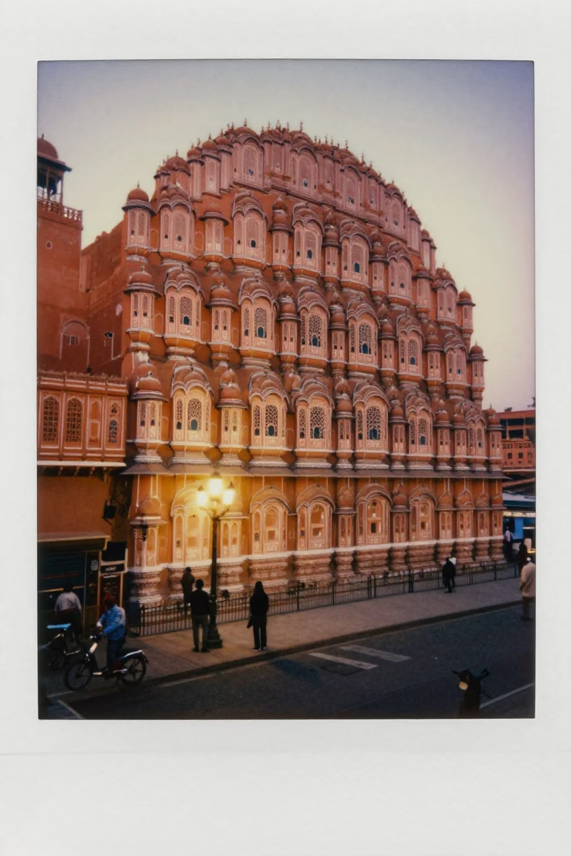 Early Morning Jaipur Street Scene with Night Light and Bird of Paradise Flower in in Jaipur, India