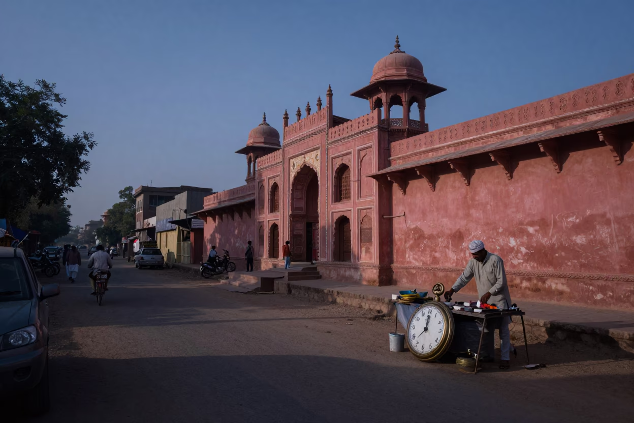 Early Morning Jaipur Street Scene with Pocket Watch and Patterned Rug in in Jaipur, India