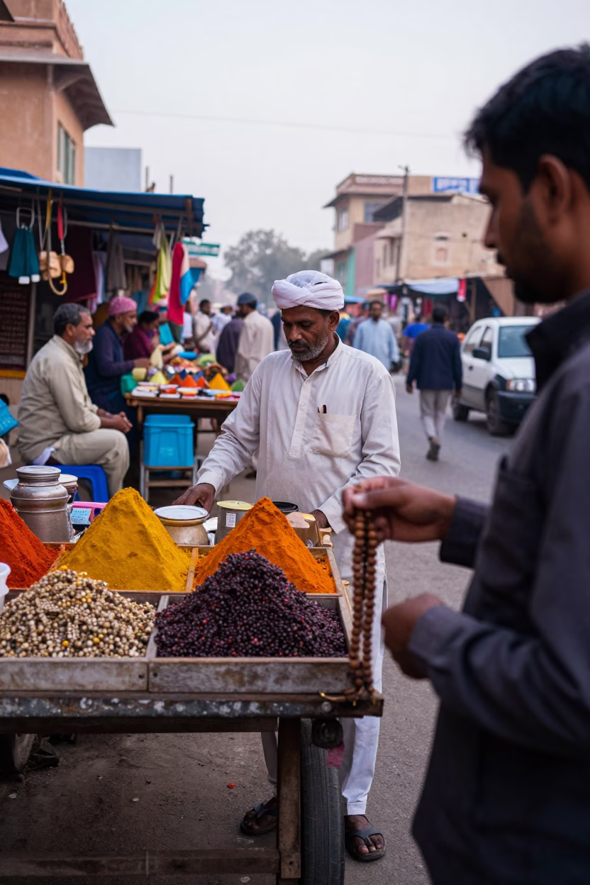 Early Morning Jaipur Street Scene with Prayer Beads and Traditional Market Stalls in in Jaipur, India