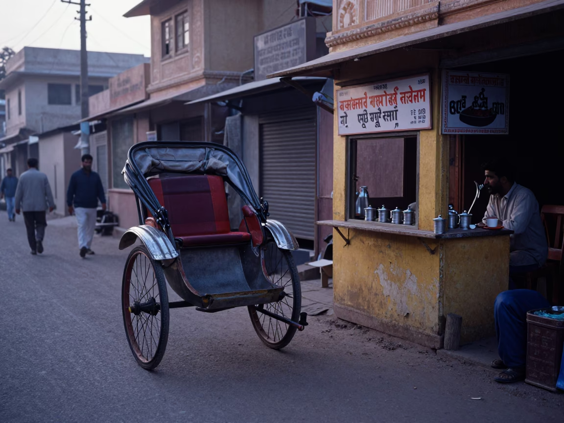 Early Morning Jaipur Street Scene with Rickshaw and Tea Stall Before Sunrise in in Jaipur, India
