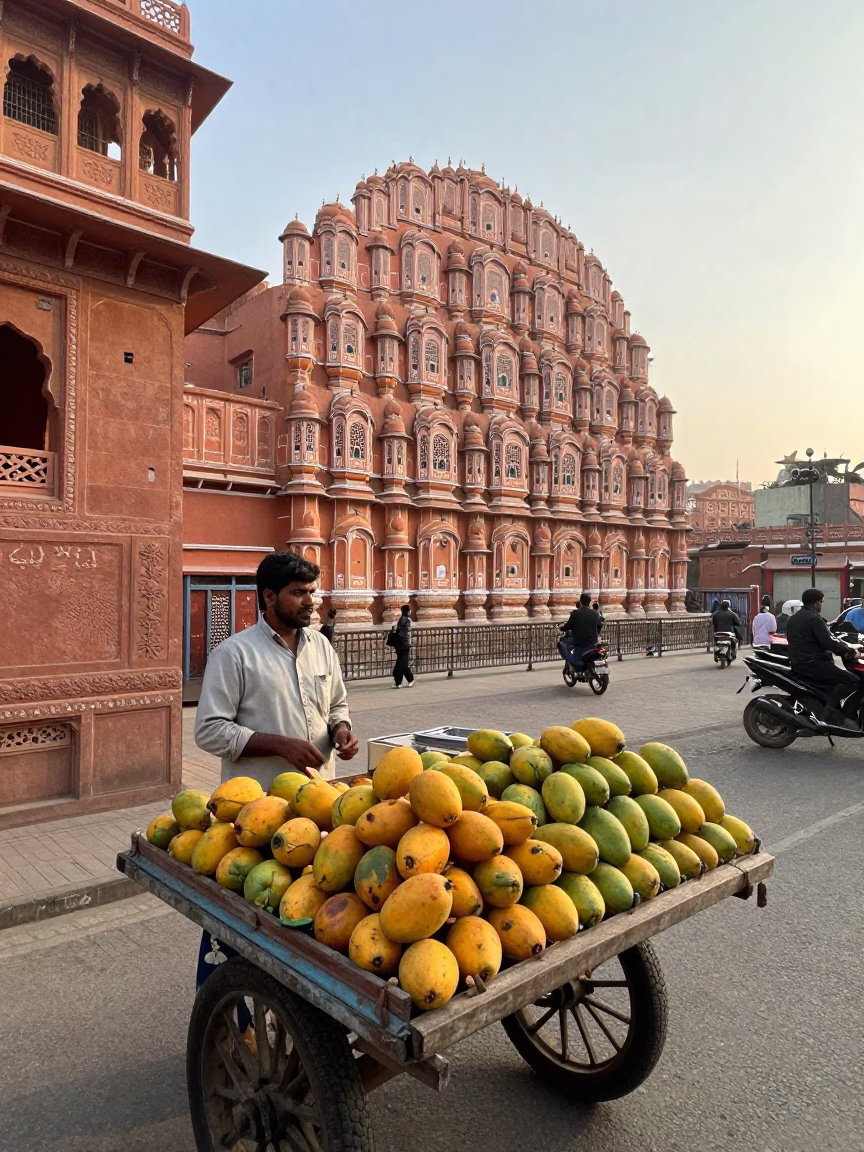 Early Morning Jaipur Street Scene with Stone Architecture and Local Commerce in in Jaipur, India