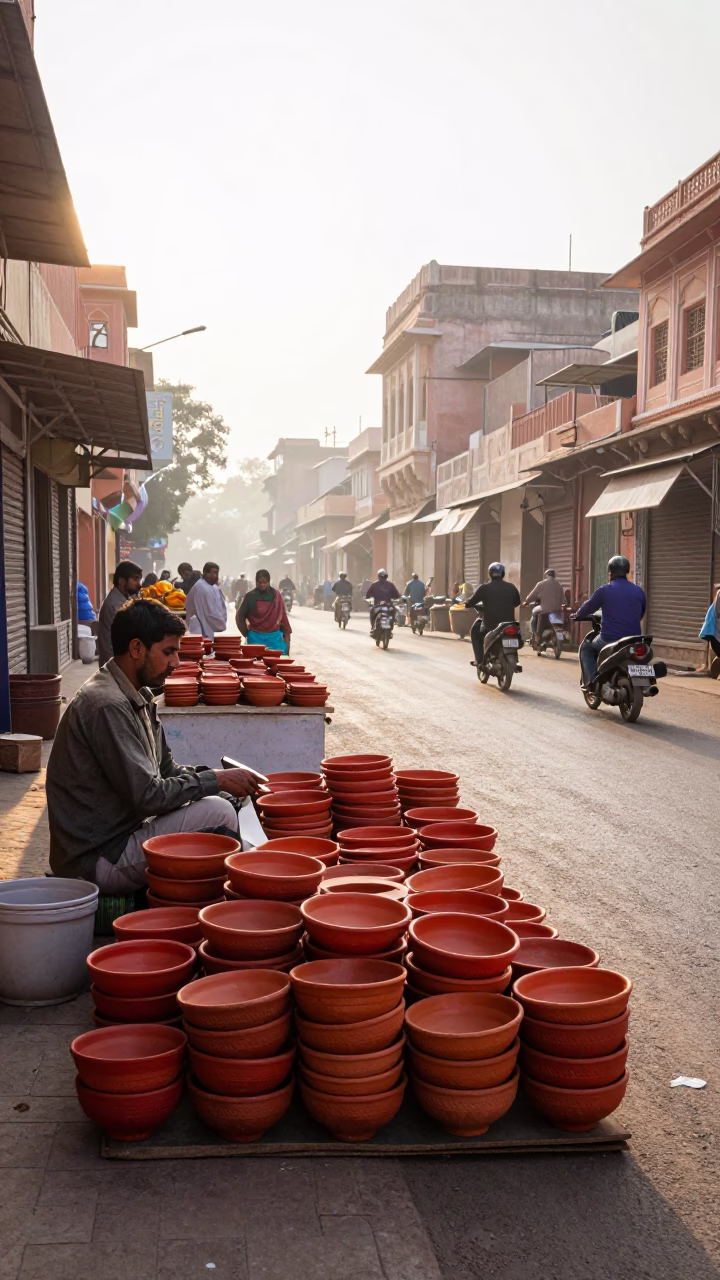 Early Morning Jaipur Street Scene with Terracotta Bowls and Traditional Textiles in in Jaipur, India