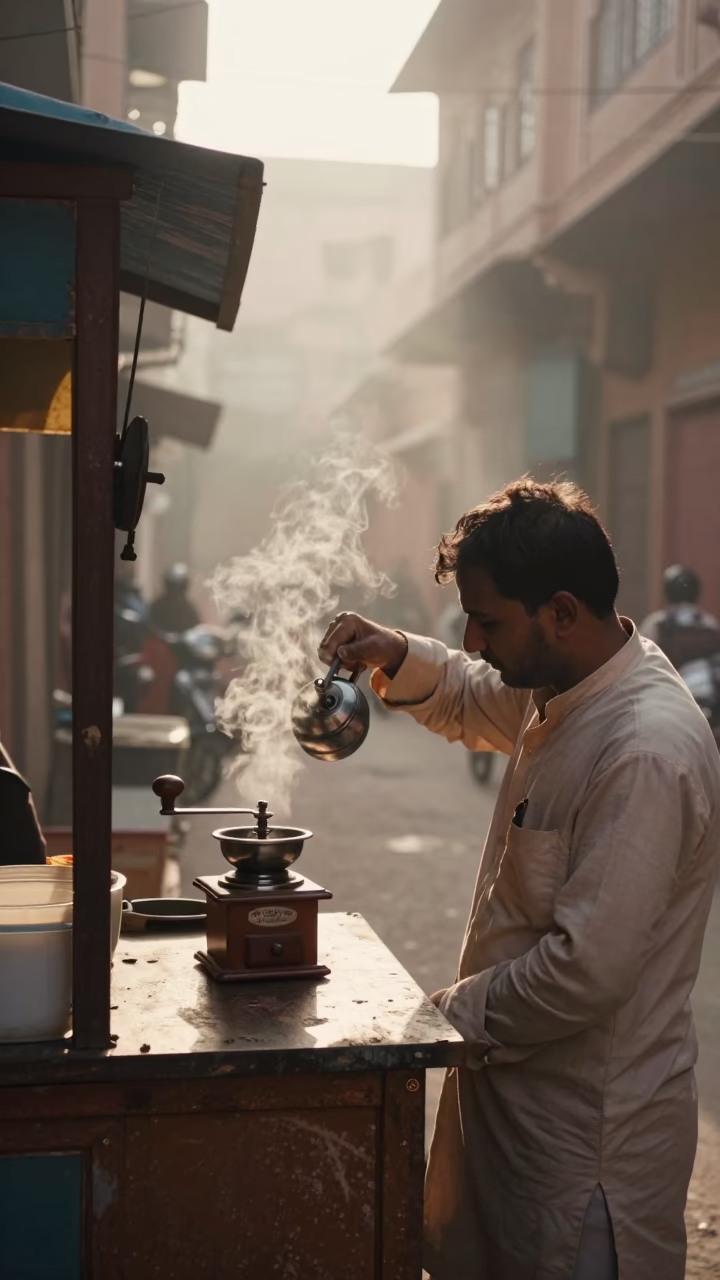 Early Morning Jaipur Street Scene with Vintage Coffee Grinder and Local Doormat in in Jaipur, India